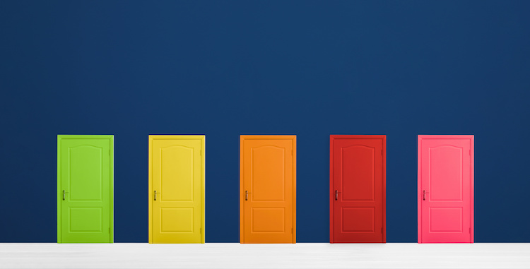 5 doors against a midnight blue background; from left to right: lime green, yellow, orange, red, pink.