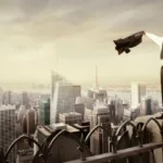 Man stands on balcony overlooking a large city holding his suit jacket triumphantly in the air