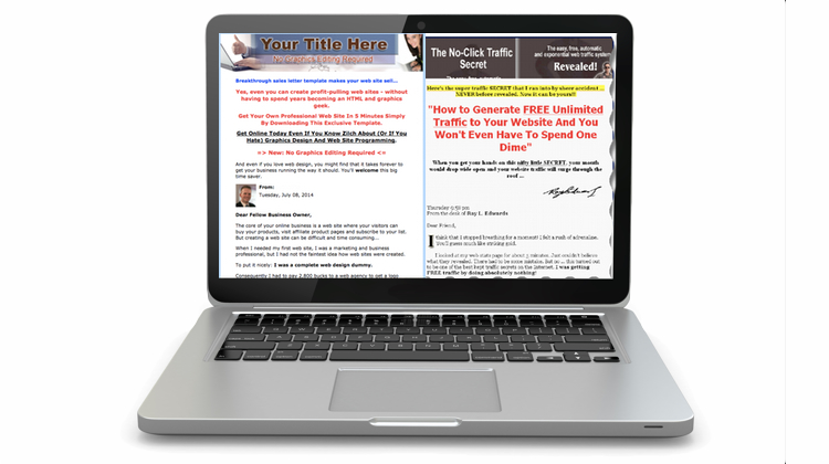 A laptop is open with two online sales letters sitting side by side on screen.