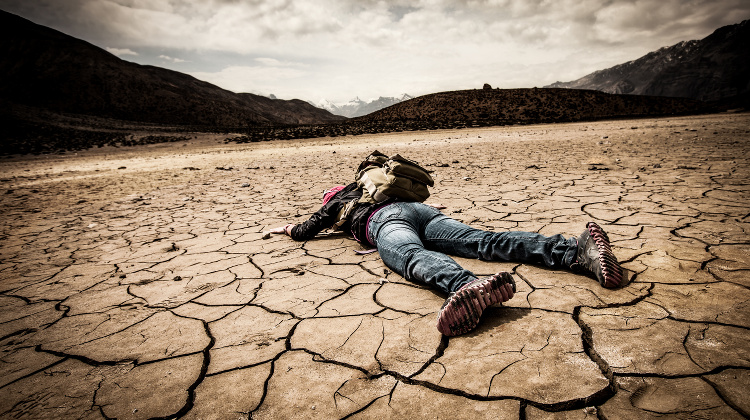 Person is sprawled across a cracked dirt ground with mountains in the distance.