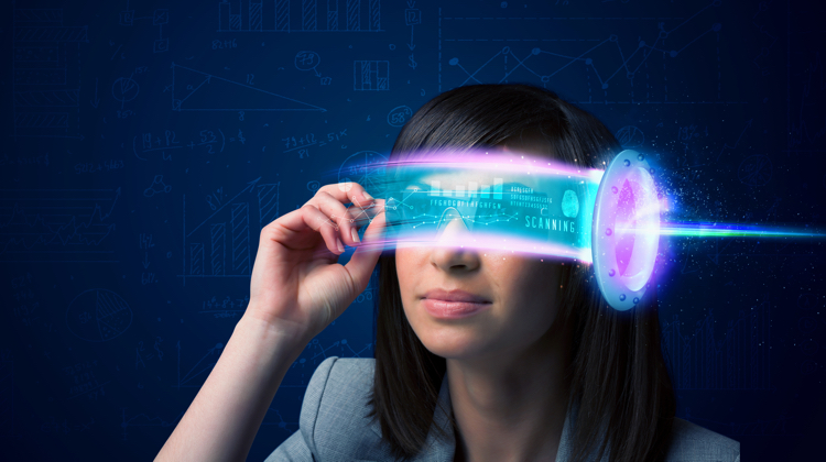 Woman in sunglasses against a midnight blue background looks through a futuristic-looking ban of light across her glasses