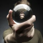 A young man holds a glass sphere in an outstretched hand, his reflection appears upside down.