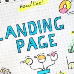 On graphic-lined paper, the words landing page in blue block letters appears with hand-drawn images surrounding it