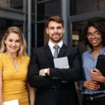 A smiling man stands between two women, everyone dressed in business attire