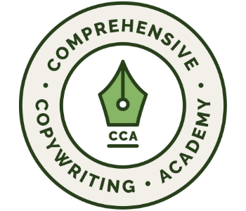 Taupe circle with the words "Comprehensive Copywriting Academy" and a white circle in the middle of the taupe circle with an old-fashioned pen nib and the letters "CCA" below it.
