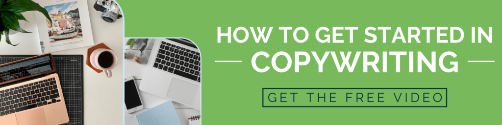 Green banner with images of laptops and words "How to get started in copywriting"