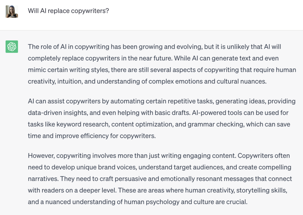 ChatGPT answer to "will AI replace copywriters?"