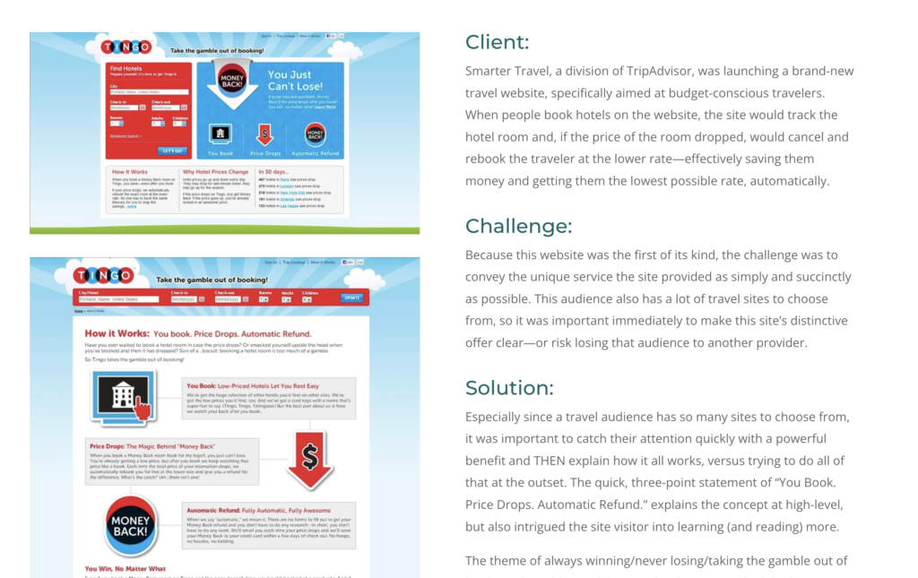 Screenshot of one piece from Nicki Krawczyk's portfolio showing the write-up that includes information about the client, the challenge, and the solution, plus images of the final copy in layout.