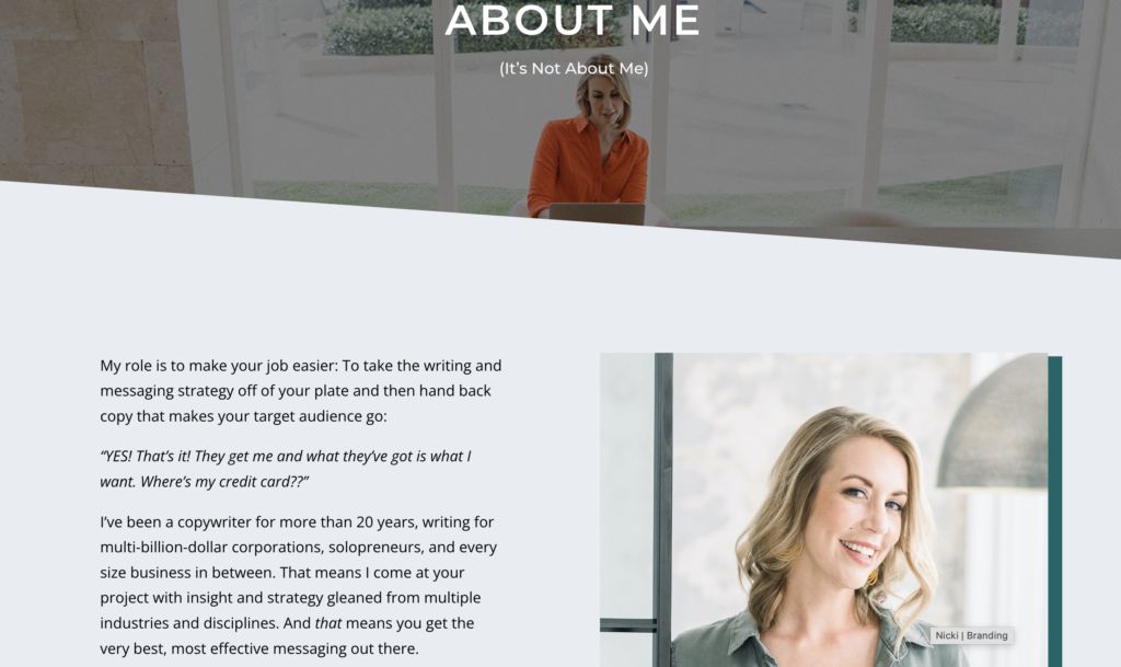 Screenshot of Nicki Krawczyk's About page on her portfolio site that says "About Me (It's not about me)"