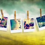 Four Polaroid images hang on clothesline with wooden pegs